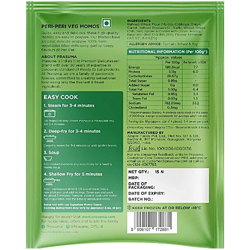 Prasuma Peri Peri Veg Momos Frozen- 15Pcs